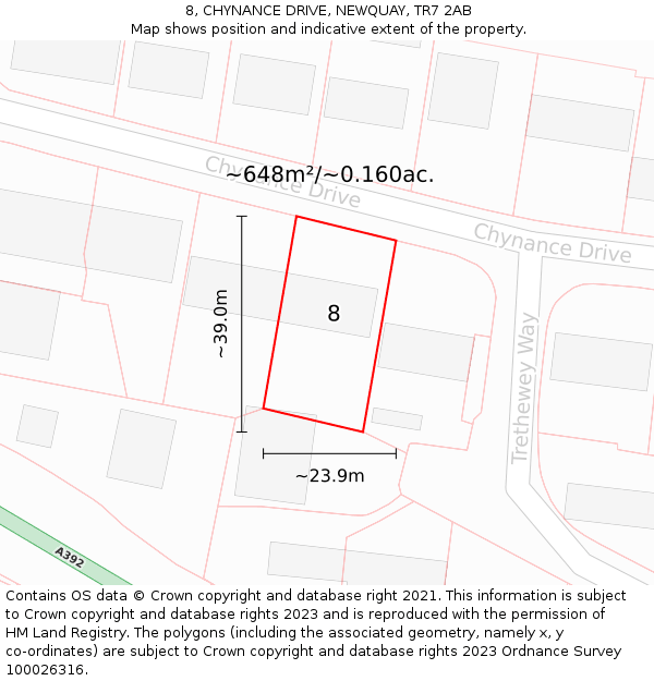 8, CHYNANCE DRIVE, NEWQUAY, TR7 2AB: Plot and title map