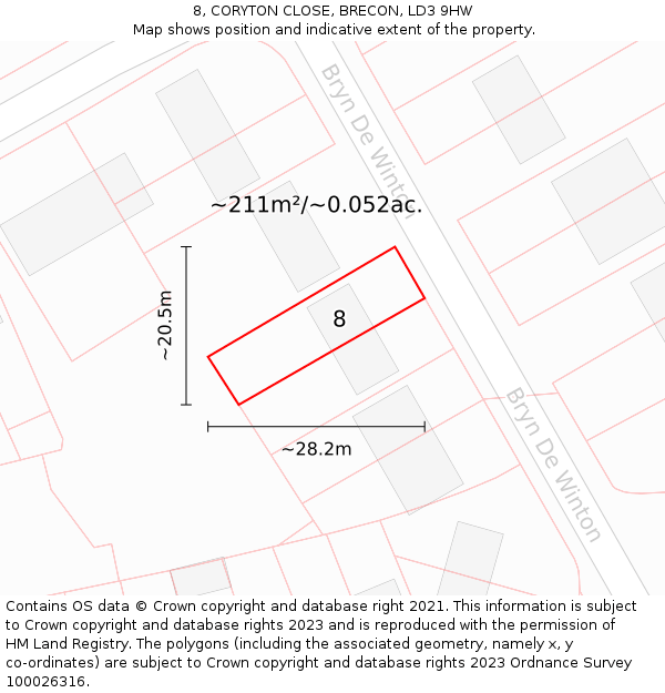 8, CORYTON CLOSE, BRECON, LD3 9HW: Plot and title map