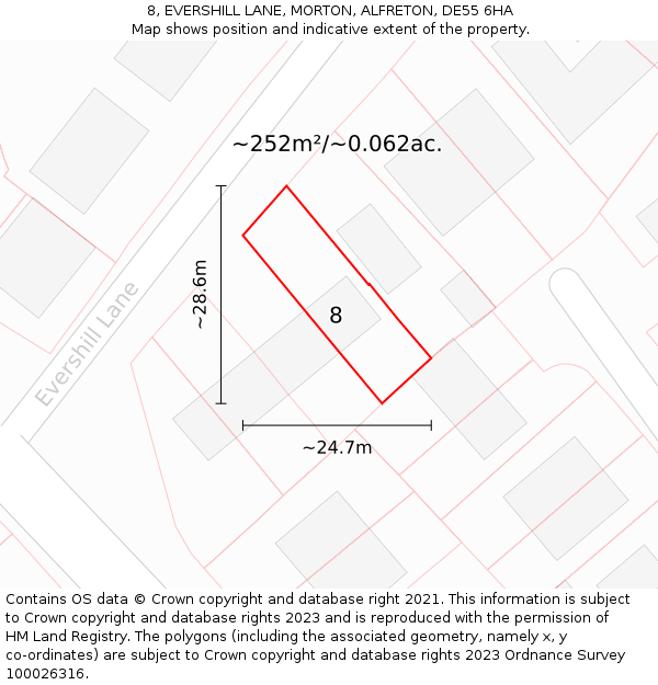 8, EVERSHILL LANE, MORTON, ALFRETON, DE55 6HA: Plot and title map