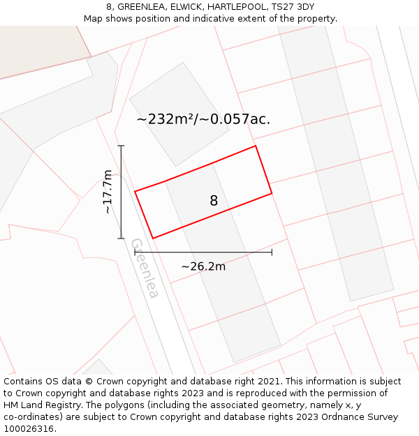 8, GREENLEA, ELWICK, HARTLEPOOL, TS27 3DY: Plot and title map