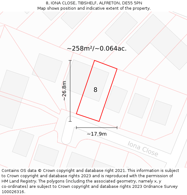 8, IONA CLOSE, TIBSHELF, ALFRETON, DE55 5PN: Plot and title map