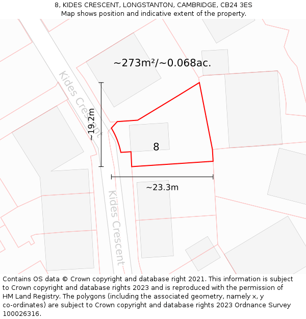 8, KIDES CRESCENT, LONGSTANTON, CAMBRIDGE, CB24 3ES: Plot and title map