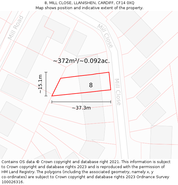 8, MILL CLOSE, LLANISHEN, CARDIFF, CF14 0XQ: Plot and title map