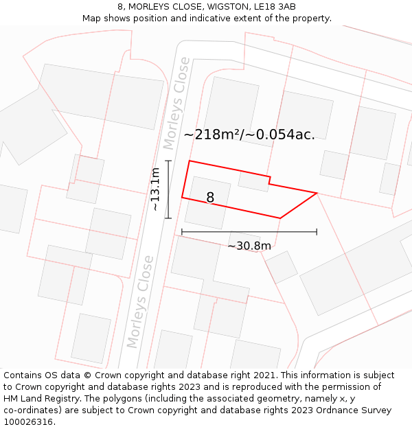 8, MORLEYS CLOSE, WIGSTON, LE18 3AB: Plot and title map