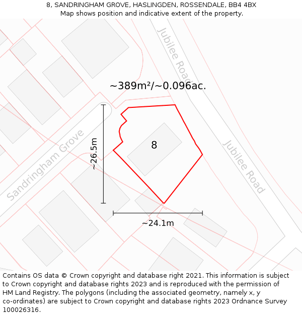 8, SANDRINGHAM GROVE, HASLINGDEN, ROSSENDALE, BB4 4BX: Plot and title map