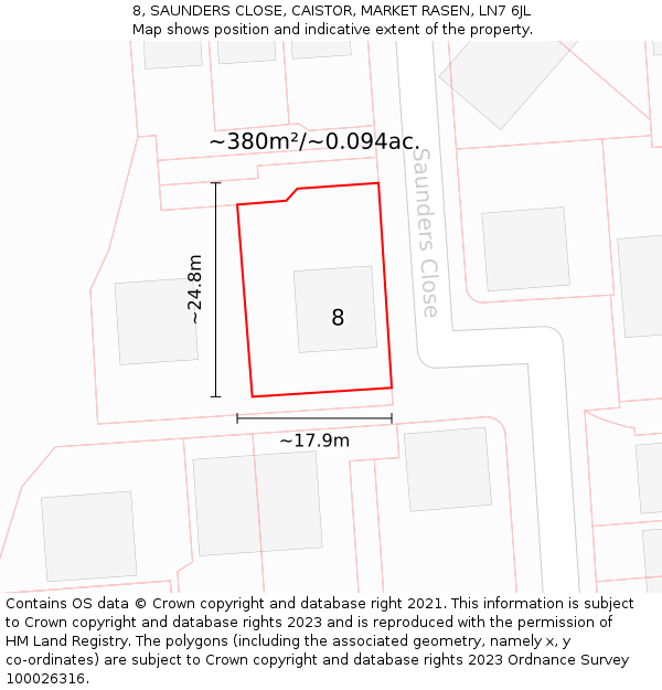 8, SAUNDERS CLOSE, CAISTOR, MARKET RASEN, LN7 6JL: Plot and title map