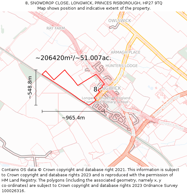8, SNOWDROP CLOSE, LONGWICK, PRINCES RISBOROUGH, HP27 9TQ: Plot and title map