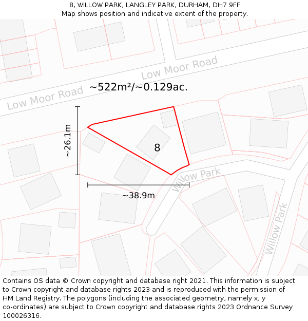 8, WILLOW PARK, LANGLEY PARK, DURHAM, DH7 9FF: Plot and title map
