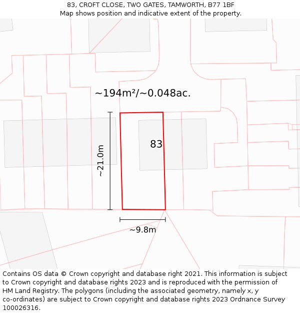 83, CROFT CLOSE, TWO GATES, TAMWORTH, B77 1BF: Plot and title map