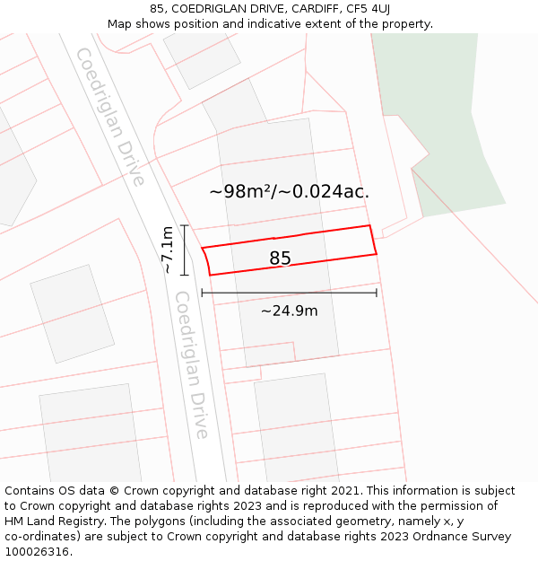 85, COEDRIGLAN DRIVE, CARDIFF, CF5 4UJ: Plot and title map