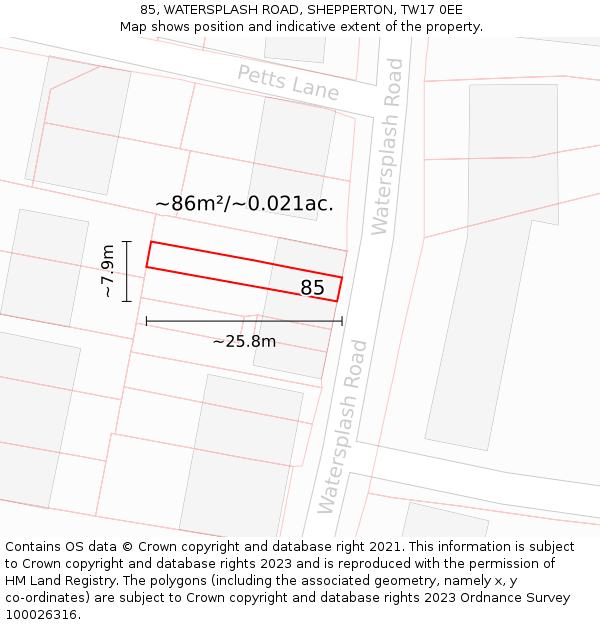 85, WATERSPLASH ROAD, SHEPPERTON, TW17 0EE: Plot and title map