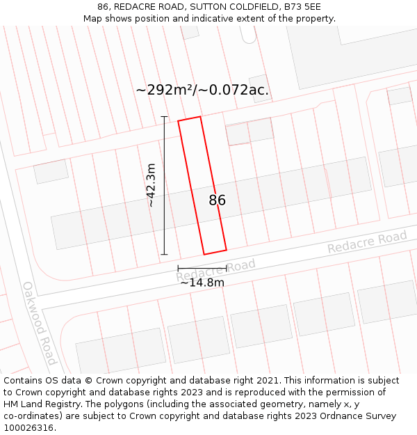 86, REDACRE ROAD, SUTTON COLDFIELD, B73 5EE: Plot and title map