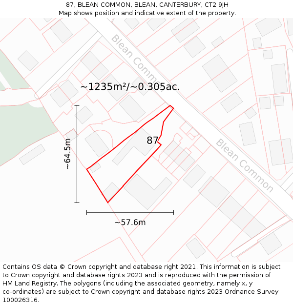 87, BLEAN COMMON, BLEAN, CANTERBURY, CT2 9JH: Plot and title map
