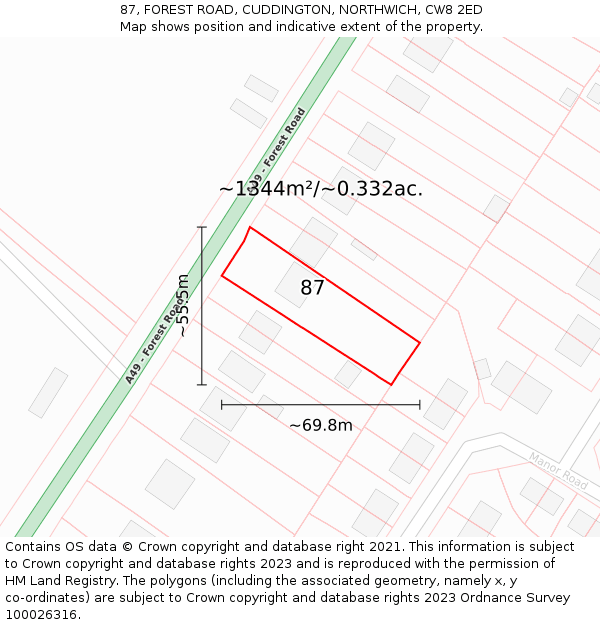 87, FOREST ROAD, CUDDINGTON, NORTHWICH, CW8 2ED: Plot and title map