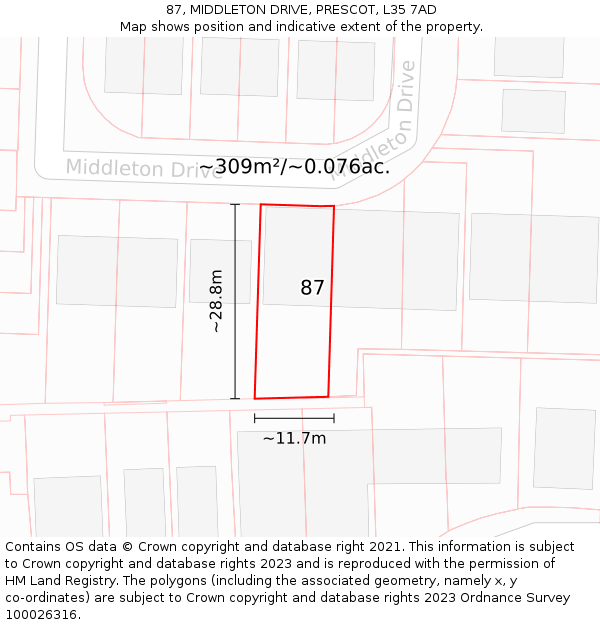 87, MIDDLETON DRIVE, PRESCOT, L35 7AD: Plot and title map