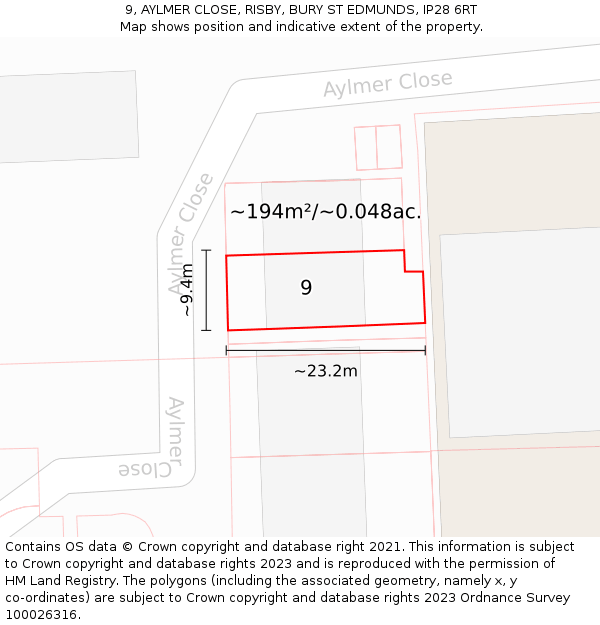 9, AYLMER CLOSE, RISBY, BURY ST EDMUNDS, IP28 6RT: Plot and title map