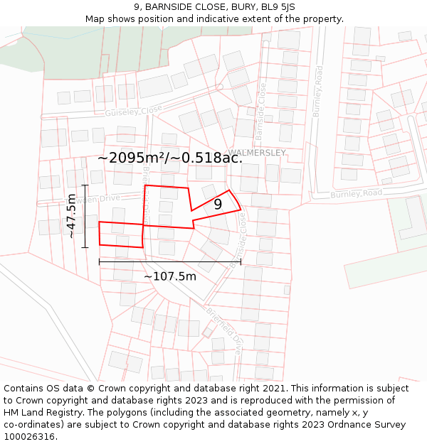 9, BARNSIDE CLOSE, BURY, BL9 5JS: Plot and title map
