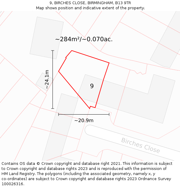 9, BIRCHES CLOSE, BIRMINGHAM, B13 9TR: Plot and title map