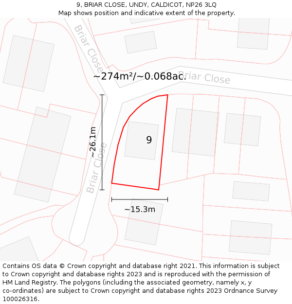 9, BRIAR CLOSE, UNDY, CALDICOT, NP26 3LQ: Plot and title map