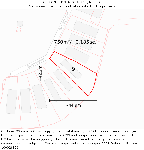9, BRICKFIELDS, ALDEBURGH, IP15 5PF: Plot and title map