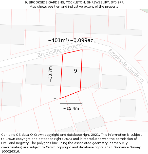9, BROOKSIDE GARDENS, YOCKLETON, SHREWSBURY, SY5 9PR: Plot and title map