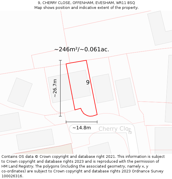 9, CHERRY CLOSE, OFFENHAM, EVESHAM, WR11 8SQ: Plot and title map
