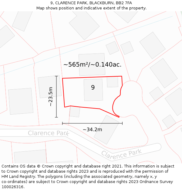 9, CLARENCE PARK, BLACKBURN, BB2 7FA: Plot and title map