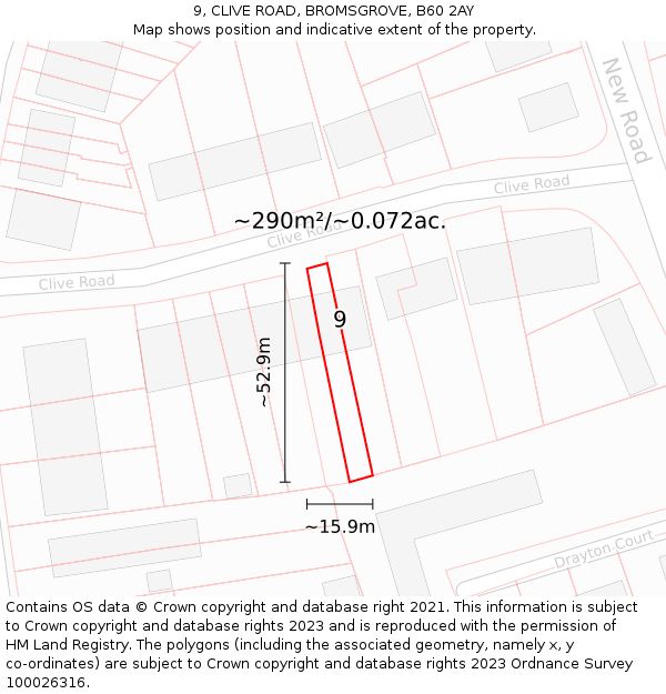 9, CLIVE ROAD, BROMSGROVE, B60 2AY: Plot and title map