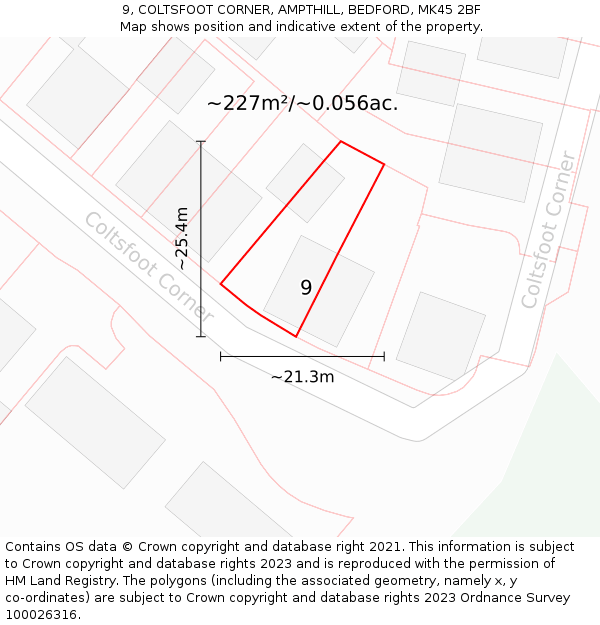 9, COLTSFOOT CORNER, AMPTHILL, BEDFORD, MK45 2BF: Plot and title map