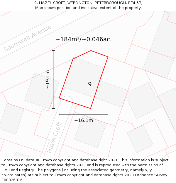 9, HAZEL CROFT, WERRINGTON, PETERBOROUGH, PE4 5BJ: Plot and title map
