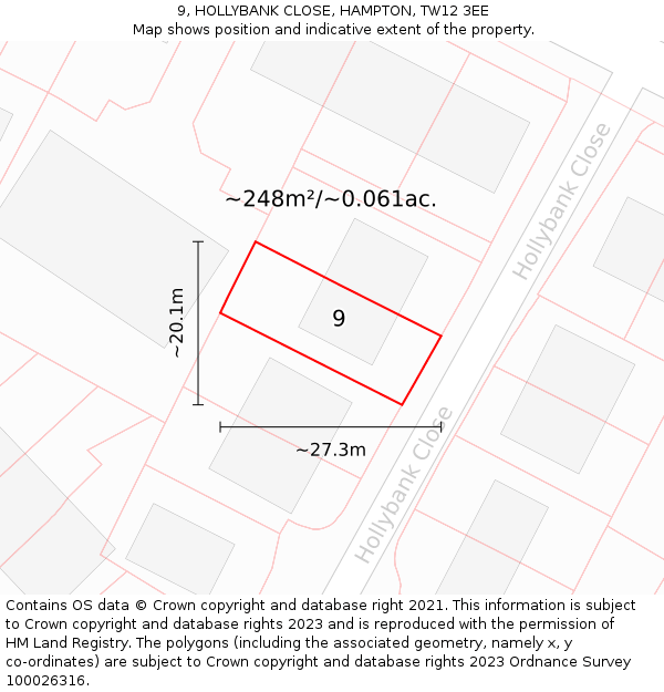 9, HOLLYBANK CLOSE, HAMPTON, TW12 3EE: Plot and title map