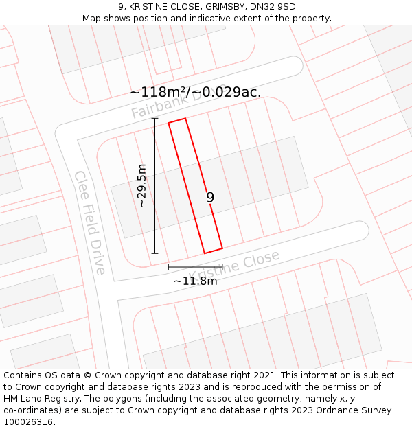 9, KRISTINE CLOSE, GRIMSBY, DN32 9SD: Plot and title map