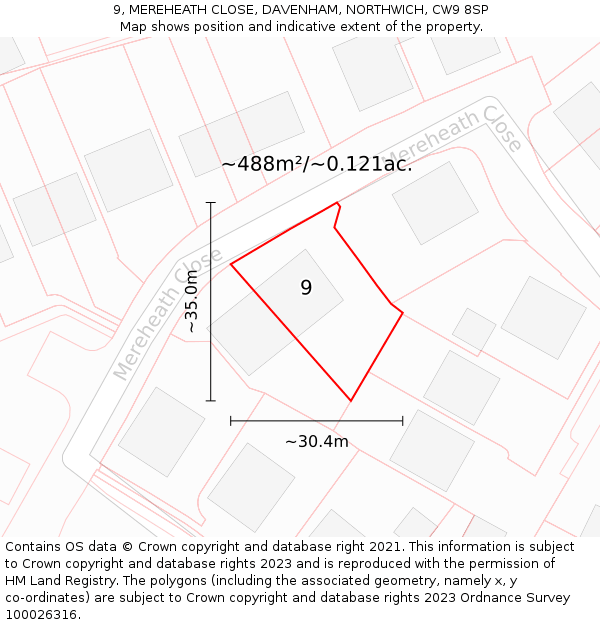 9, MEREHEATH CLOSE, DAVENHAM, NORTHWICH, CW9 8SP: Plot and title map