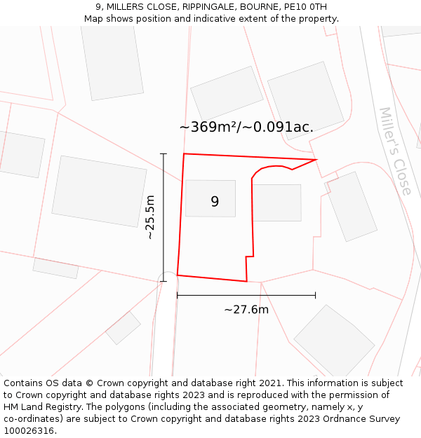 9, MILLERS CLOSE, RIPPINGALE, BOURNE, PE10 0TH: Plot and title map