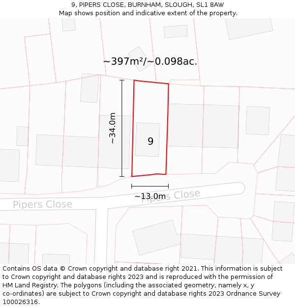 9, PIPERS CLOSE, BURNHAM, SLOUGH, SL1 8AW: Plot and title map