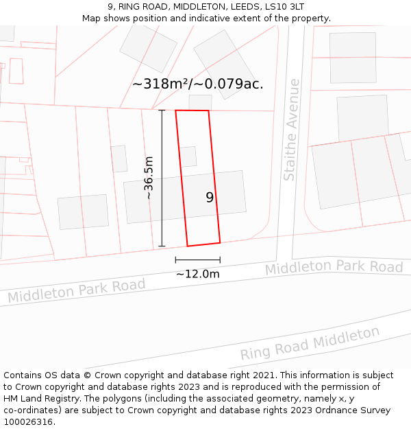 9, RING ROAD, MIDDLETON, LEEDS, LS10 3LT: Plot and title map