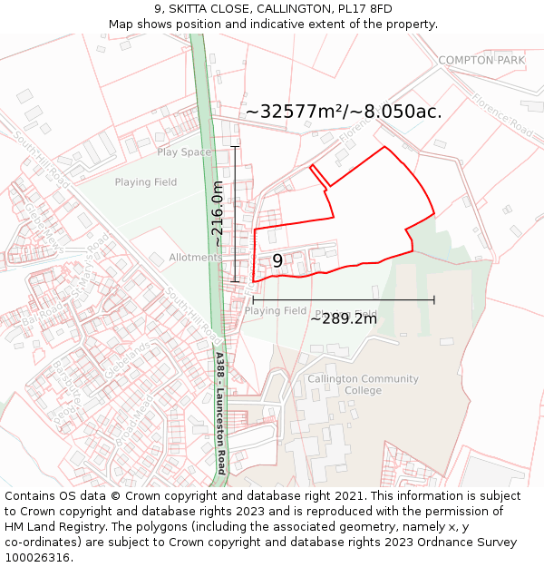 9, SKITTA CLOSE, CALLINGTON, PL17 8FD: Plot and title map