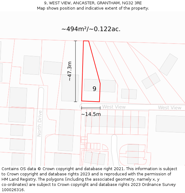 9, WEST VIEW, ANCASTER, GRANTHAM, NG32 3RE: Plot and title map