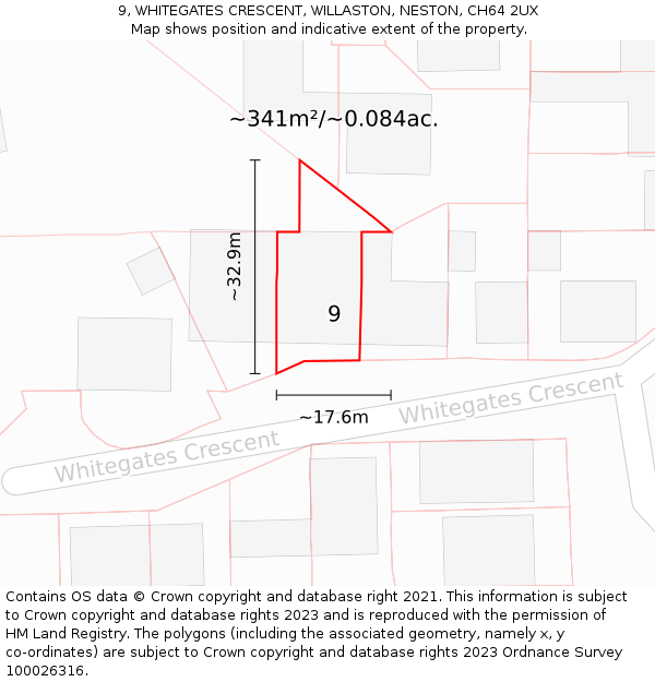 9, WHITEGATES CRESCENT, WILLASTON, NESTON, CH64 2UX: Plot and title map