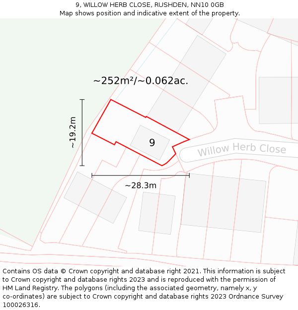 9, WILLOW HERB CLOSE, RUSHDEN, NN10 0GB: Plot and title map