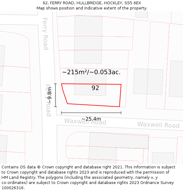 92, FERRY ROAD, HULLBRIDGE, HOCKLEY, SS5 6EX: Plot and title map