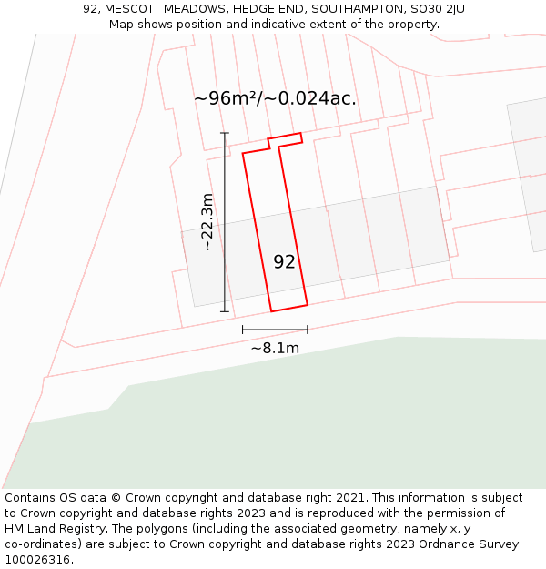 92, MESCOTT MEADOWS, HEDGE END, SOUTHAMPTON, SO30 2JU: Plot and title map