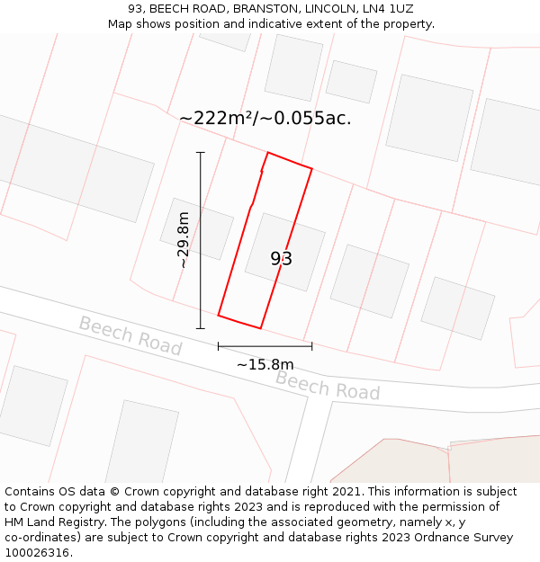 93, BEECH ROAD, BRANSTON, LINCOLN, LN4 1UZ: Plot and title map