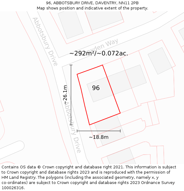 96, ABBOTSBURY DRIVE, DAVENTRY, NN11 2PB: Plot and title map