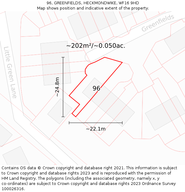 96, GREENFIELDS, HECKMONDWIKE, WF16 9HD: Plot and title map