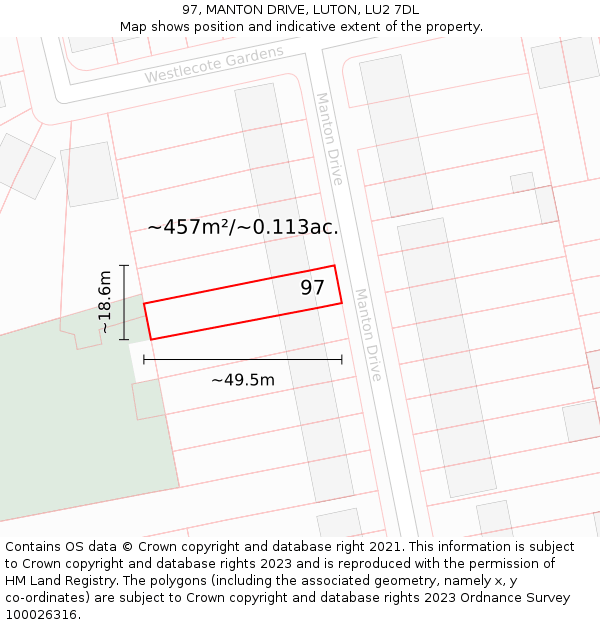 97, MANTON DRIVE, LUTON, LU2 7DL: Plot and title map