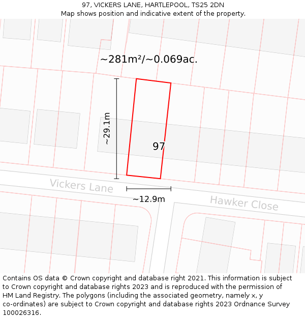 97, VICKERS LANE, HARTLEPOOL, TS25 2DN: Plot and title map