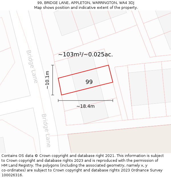 99, BRIDGE LANE, APPLETON, WARRINGTON, WA4 3DJ: Plot and title map