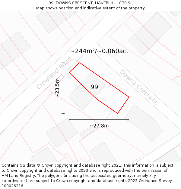 99, DOWNS CRESCENT, HAVERHILL, CB9 9LJ: Plot and title map