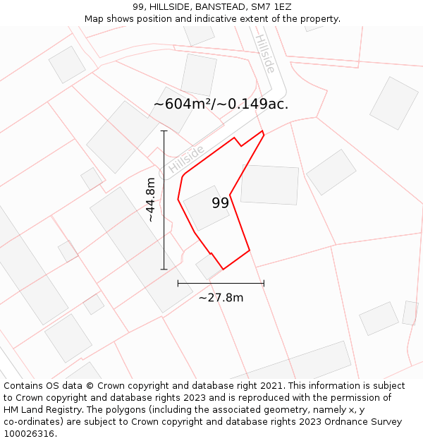 99, HILLSIDE, BANSTEAD, SM7 1EZ: Plot and title map